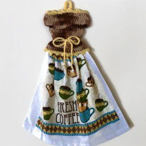 Crochet dress towel with printed coffee cups
